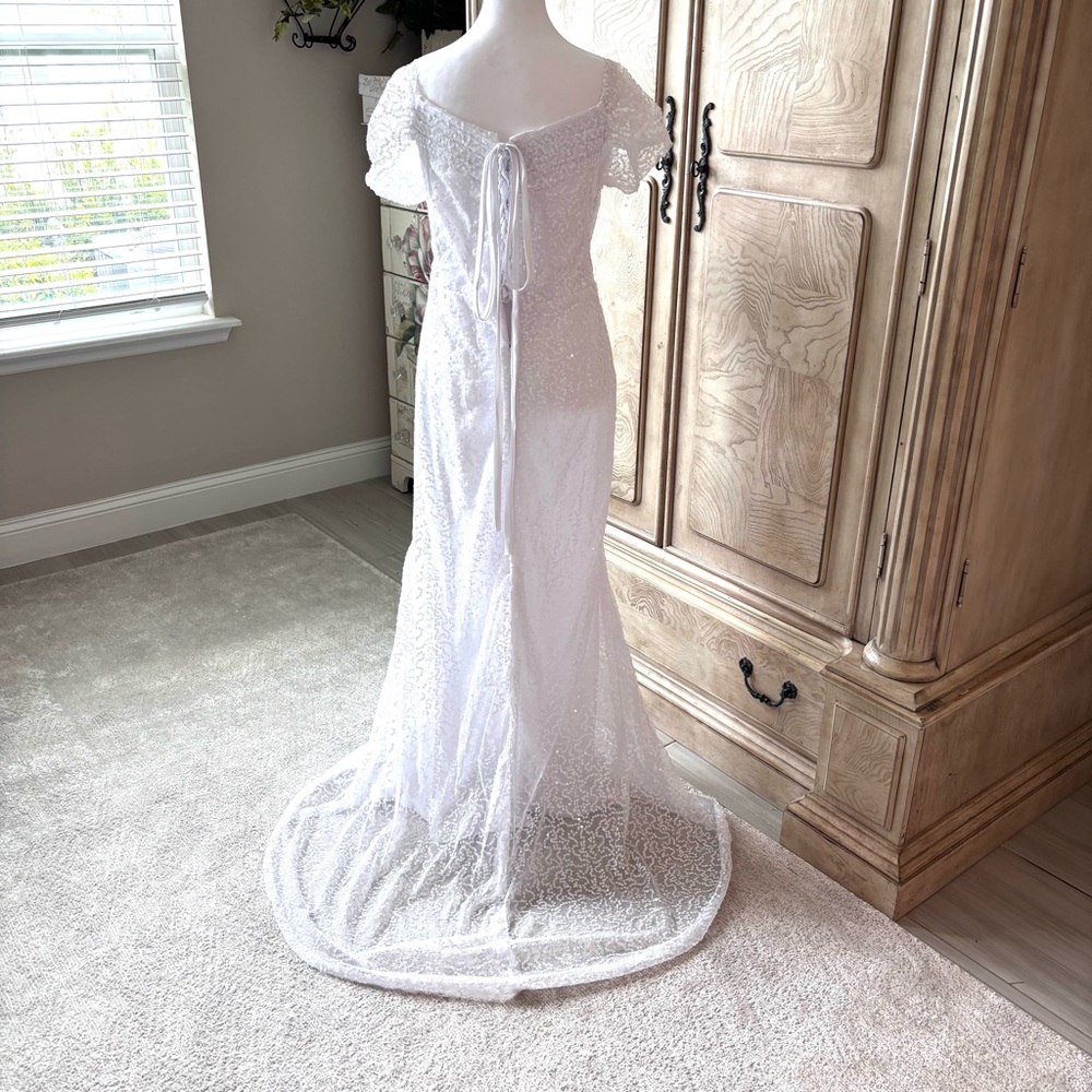 NEW, White Dress, Wedding Dress w Sequins, Detachable Train, NWOT, Size M/8 - Picture 11 of 15